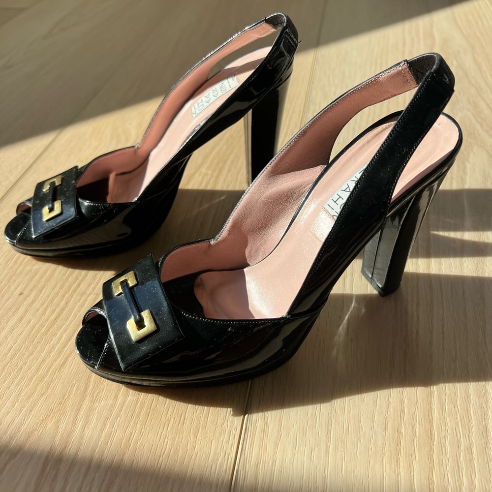 Isaac‎ Mizrahi Black Patent Leather Slingbacks Made In Italy Pumps peep toe 7.5